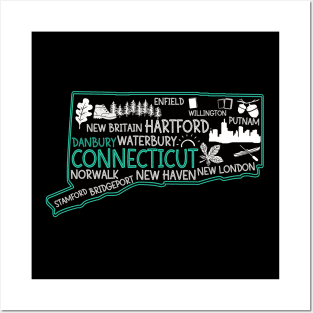 Connecticut Danbury cute map Waterbury New Haven Enfield Willington Putnam Norwalk Stamford Bridgeport Posters and Art